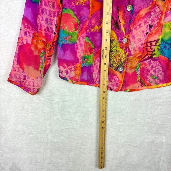 Chicos Silk Shirt Womens 0 (S) Pink Sheer Multicolor Abstract Maximalist Art AOP - Picture 5 of 8